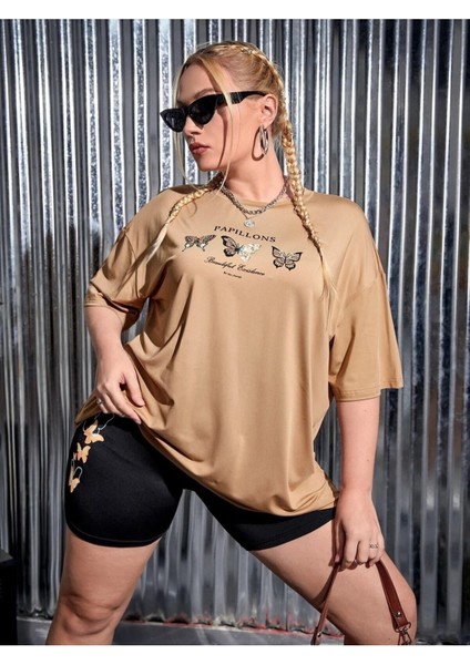 Kadın Bej Oversize T-Shirt Kelebek Baskılı