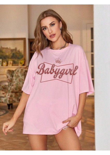 Baby Girl Baskılı Kadın / Kız Pembe Oversize Salas Boyfriend T-Shirt Top Bluz fiyatları
