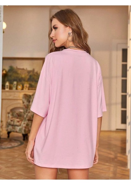 Baby Girl Baskılı Kadın / Kız Pembe Oversize Salas Boyfriend T-Shirt Top Bluz modelleri