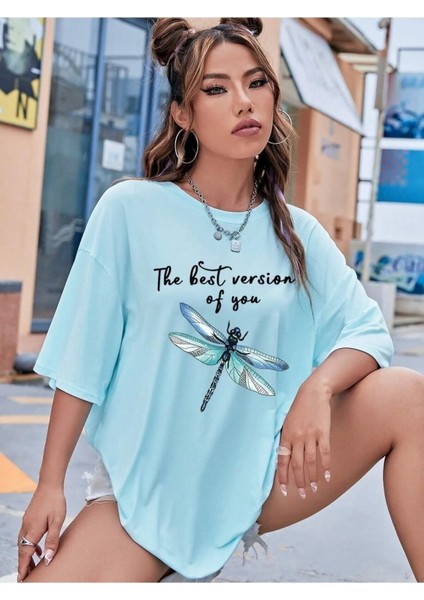 Kadın / Kız Baskılı Bebek Mavisi Oversize T-Shirt Salaş Boyfirend