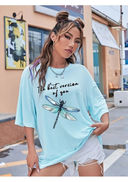 Kadın / Kız Baskılı Bebek Mavisi Oversize T-Shirt Salaş Boyfirend fiyatları