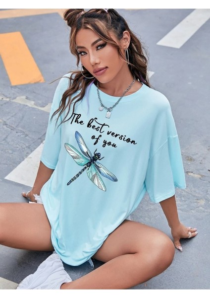 Kadın / Kız Baskılı Bebek Mavisi Oversize T-Shirt Salaş Boyfirend modelleri