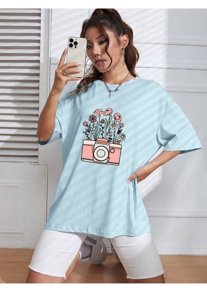 Kadın / Kız Fotoğraf Makinası Baskılı Oversize T-Shirt Salaş Boyfirend