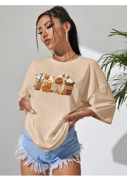 Kadın / Kız Toprak Oversize T-Shirt Coffee & Cartoon Baskılı fırsatları