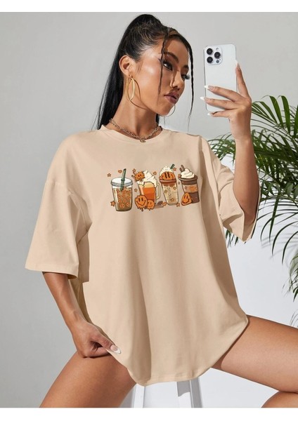 Kadın / Kız Toprak Oversize T-Shirt Coffee & Cartoon Baskılı indirimleri