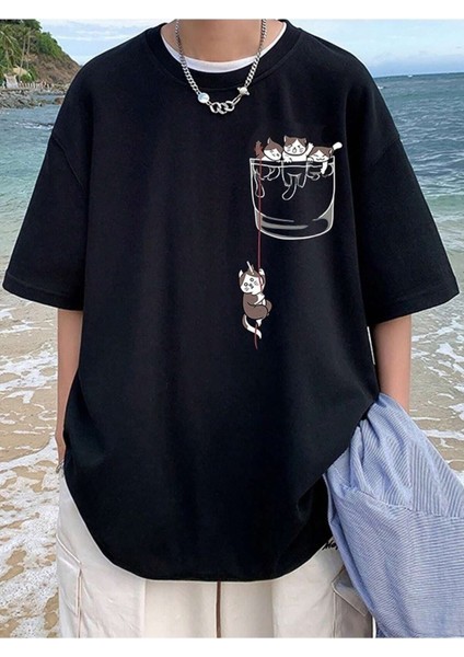 Rakun Cep Baskılı Oversize Erkek T-Shirt Salaş Boyfirend