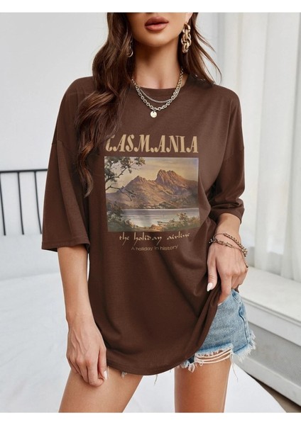 Tasmania Baskılı Kadın / Kız Oversize Kahverengi T-Shirt fiyatları