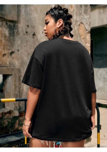 Kadın / Kız Siyah Oversize T-Shirt Summer Baskılı