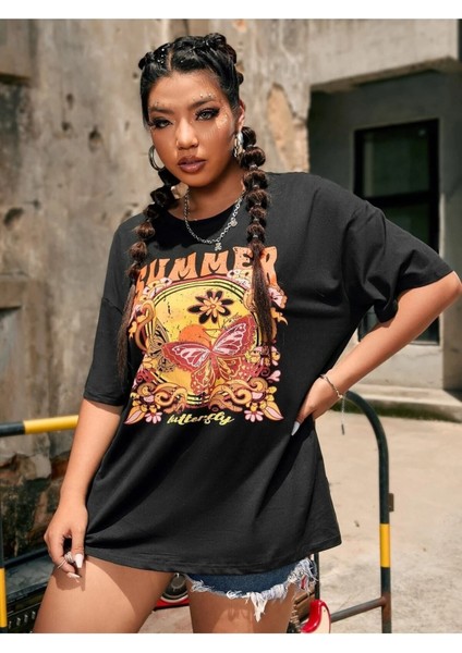 Kadın / Kız Siyah Oversize T-Shirt Summer Baskılı