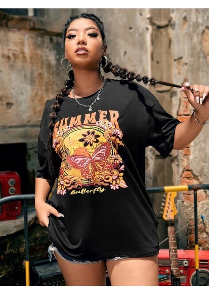 Kadın / Kız Siyah Oversize T-Shirt Summer Baskılı