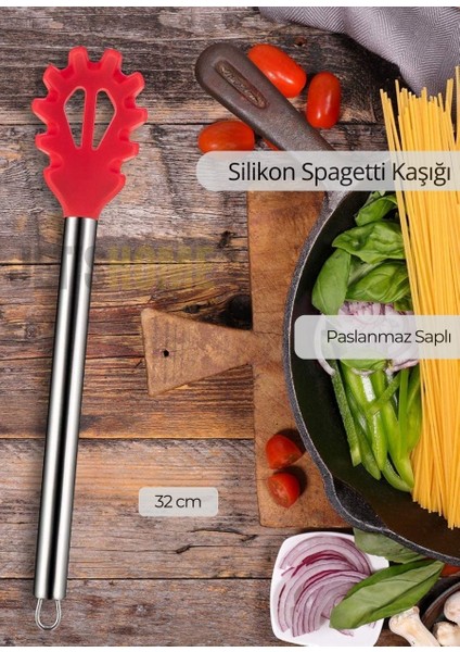 Silikon Spagetti Kaşığı Paslanmaz Saplı Kırmızı 32 cm