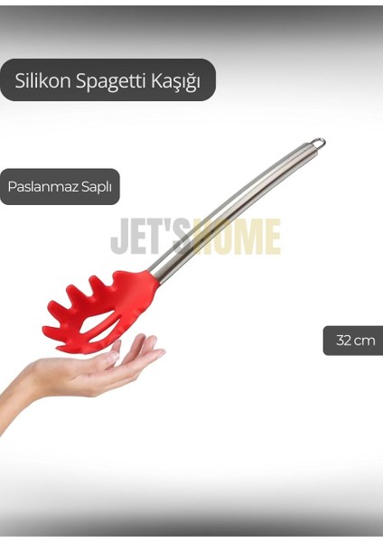 Silikon Spagetti Kaşığı Paslanmaz Saplı Kırmızı 32 cm fırsatları