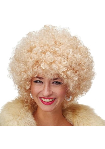 Nessiworld Altın Renk Kıvırcık Afro Bonus Peruk Saç Parti Peruğu Platin Gold