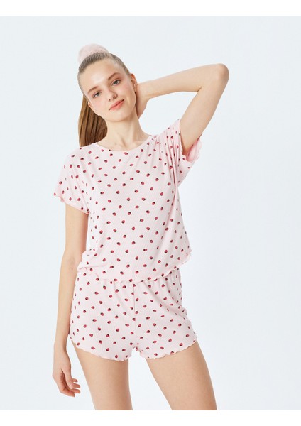 Viskon Kumaş Çilek Baskılı Bisiklet Yaka Kısa Kollu Şortlu Pijama Takımı