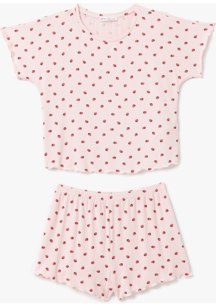 Viskon Kumaş Çilek Baskılı Bisiklet Yaka Kısa Kollu Şortlu Pijama Takımı