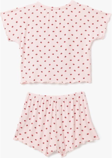 Viskon Kumaş Çilek Baskılı Bisiklet Yaka Kısa Kollu Şortlu Pijama Takımı