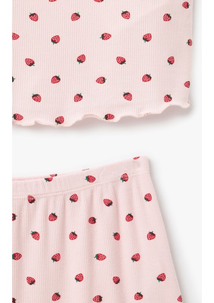 Viskon Kumaş Çilek Baskılı Bisiklet Yaka Kısa Kollu Şortlu Pijama Takımı