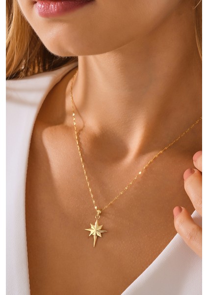 14 Ayar Altın Aynalı Zincir Kutup Yıldızı Altın Kolye