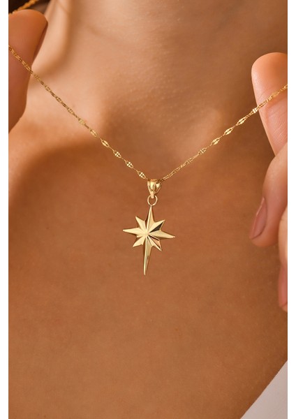 14 Ayar Altın Aynalı Zincir Kutup Yıldızı Altın Kolye modelleri