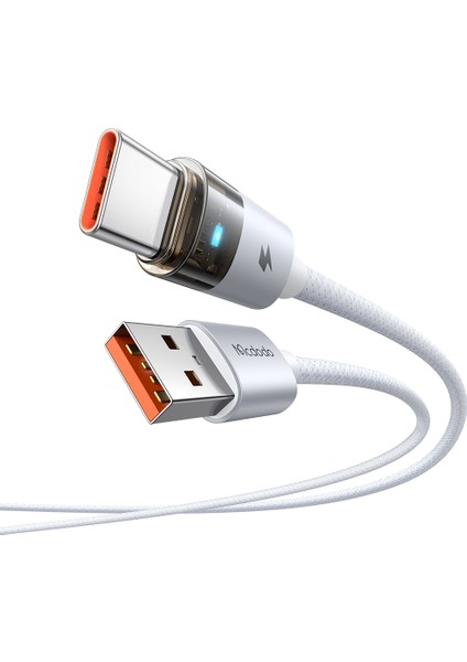 CA-6892 Usb-A - Type-C Şeffaf Kablo Şarj Işığı Ile Beyaz