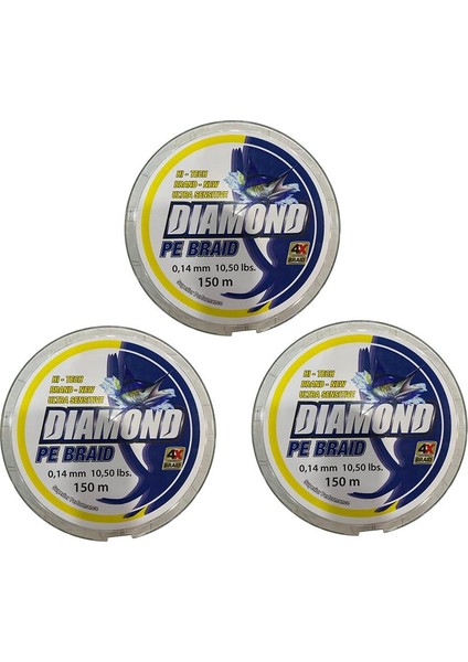 3 Adet Bauer Diamond 4x Pe Braid 150 mt 0.14 mm Misina