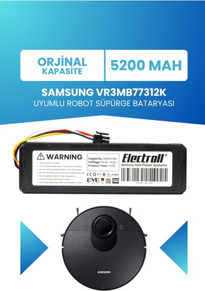 Samsung VR3MB77312K Robot Süpürge Bataryası 5200mah (ORJİNAL KAPASİTE) Robot Süpürge Pili