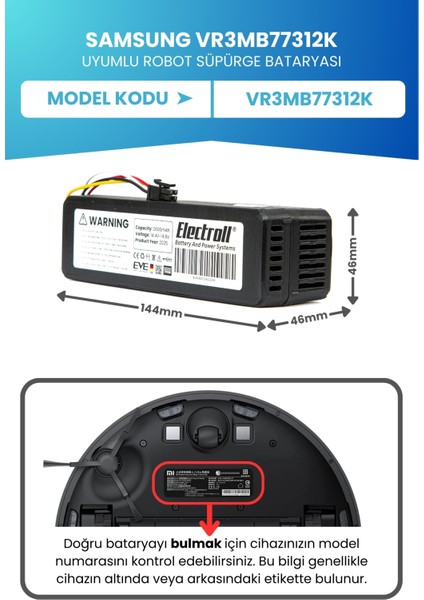 Samsung VR3MB77312K Robot Süpürge Bataryası 5200mah (ORJİNAL KAPASİTE) Robot Süpürge Pili fiyatları