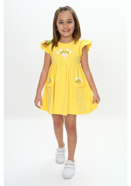 Kız Çocuk Cepli Çiçek Baskılı Elbise