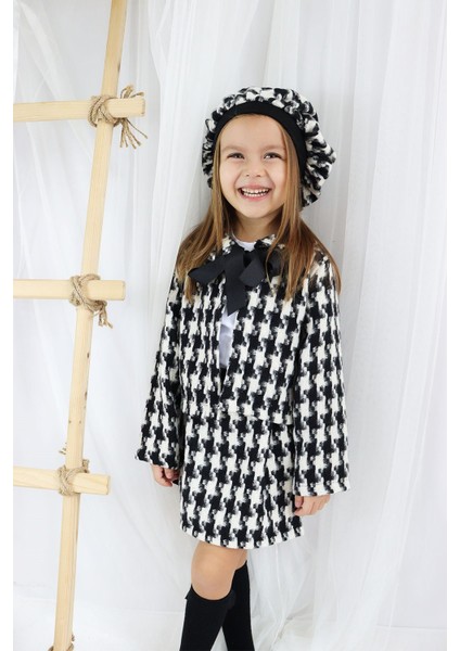 Kız Çocuk Santa Siyah Beyaz Ekose Alt Üst Etek Ceket Kepli Üçlü Takım TKM-0171.05 fiyatları