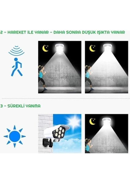 2 Adet Sahte Kamera Görünümlü 77 Ledli Sensörlü Kumandalı Solar Bahçe Lambası