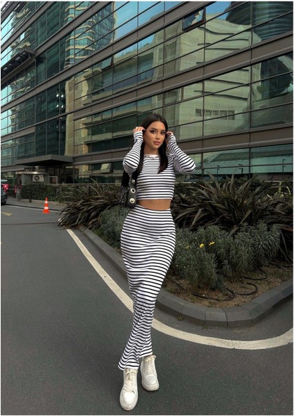 Basic Düz Renk Maxi Etek Crop Kazak Takım