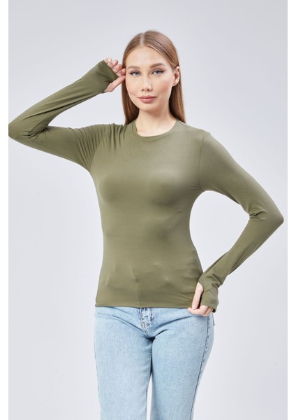 Basic Bisiklet Yaka Uzun Kollu Slim Fit Kadın Body T-Shirt