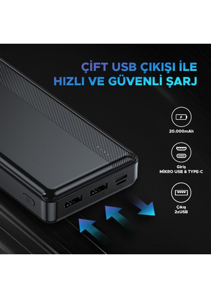 YB134 20.000 Mah LED Işıklı Powerbank Siyah - DCA0048