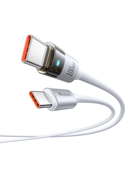 CA-5582 Type-C To Type-C 100W Şeffaf Kablo Şarj Işığı Ile Beyaz