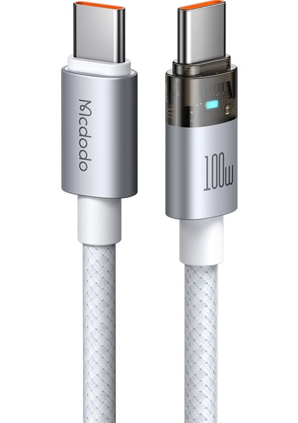 CA-5582 Type-C To Type-C 100W Şeffaf Kablo Şarj Işığı Ile Beyaz