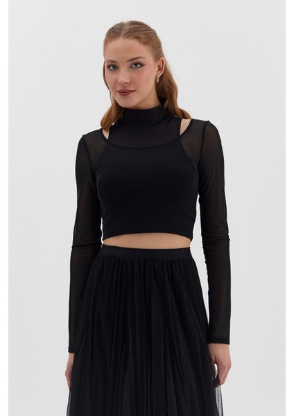 Kolları Tül Dik Yakalı Crop Bluz