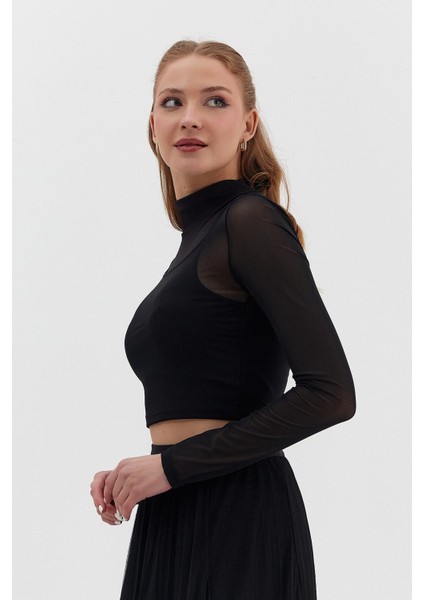 Kolları Tül Dik Yakalı Crop Bluz modelleri