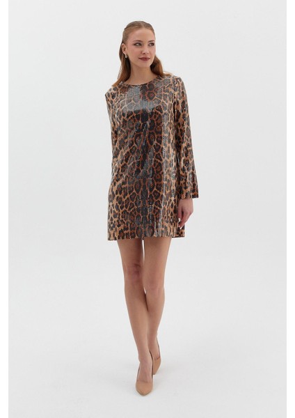 Uzun Kollu Payetli Leopar Mini Elbise