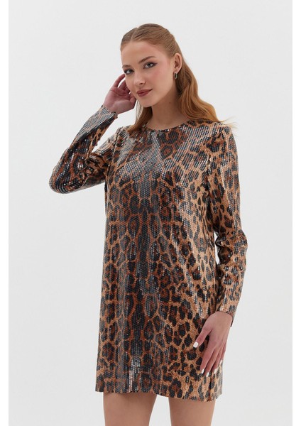 Uzun Kollu Payetli Leopar Mini Elbise fiyatları