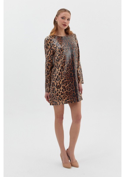 Uzun Kollu Payetli Leopar Mini Elbise modelleri