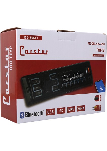 Carstar CS-970 Çift USB Sd Hafıza Kartı Fm Radyo Aux Bluetooth Araç Teyibi Kumandalı Oto Teyp 4X60 Watt Dijital fırsatları