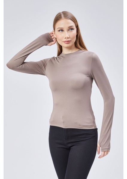 Basic Bisiklet Yaka Uzun Kollu Slim Fit Kadın Body T-Shirt