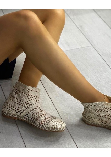 9200 Model Bereket Kundura Bej Renk Kısa Dantel Espadril Bot Babet