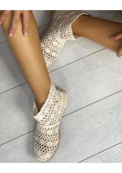 9200 Model Bereket Kundura Bej Renk Kısa Dantel Espadril Bot Babet modelleri