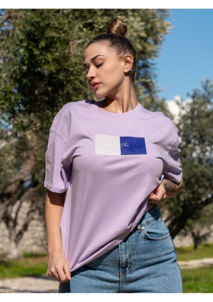 Kadın Oversize Fit Bisiklet Yaka Baskılı Kısa Kollu T-Shirt