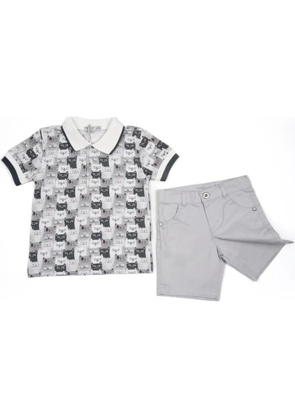 Erkek Çocuk Gri Kedi Detaylı Yazlık Polo Yaka Tişört Şort Takım
