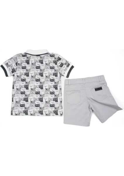 Erkek Çocuk Gri Kedi Detaylı Yazlık Polo Yaka Tişört Şort Takım fiyatları