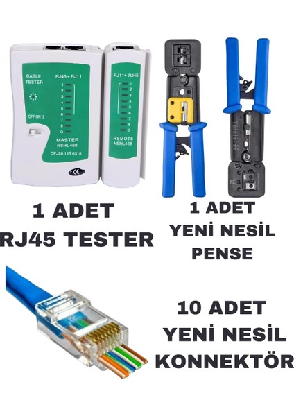 Yeni Nesil Ez RJ45 Sıkma Pensesi RJ11 RJ12 RJ45 Network Ağ Pense + Kablo Tester + 10 Adet Yeni Nesil Ez RJ45 Jack Konnektör Set Paket