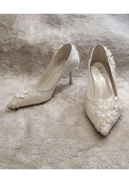 Ever Sivri Burun Dantel ve Inci Işlemeli 6 cm Ince Topuk Stiletto Nişan Nikah Gelin Ayakkbısı indirimleri