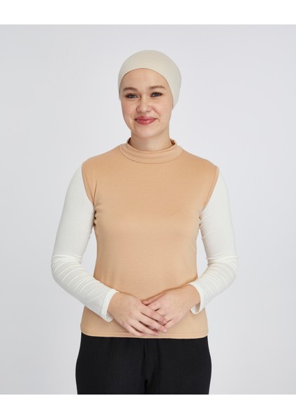 Manolyaşal Kolsuz Balıkçı Yakalı Organik Kadın Body - Koyu Bej